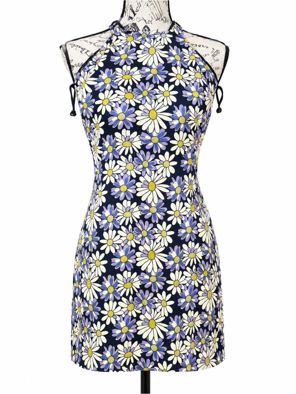 Rampage Navy Halter Mini Dress with White and Lavender Daisy Print